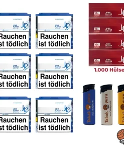 6x JPS / John Player Special Blue/Blau Tabak Dose à 36g, Extra Hülsen, Feuerzeuge