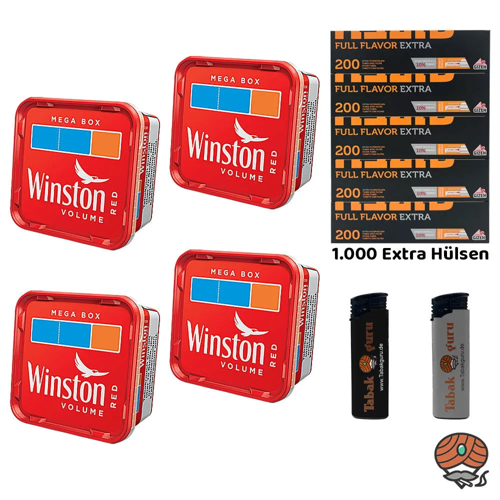 4x Winston Red/Rot Volumentabak Mega Box à 120g, Gizeh Full Flavor Extra Papier-Hülsen, Feuerzeuge – Bild 2