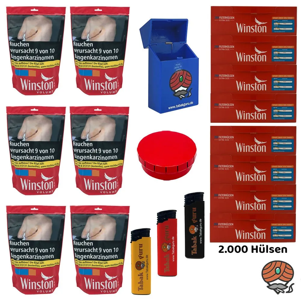 6x Winston Red/Rot Volumentabak Beutel à 100g, Extra Hülsen, Ascher, Feuerzeuge, Box – Bild 2
