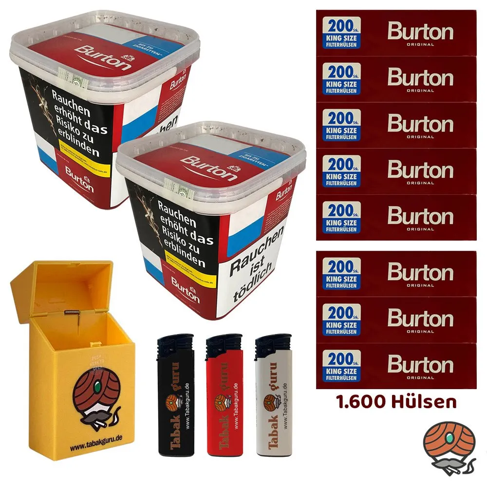 2x Burton Red Volumentabak MEGA Box à 270g, 1600 Hülsen, Feuerzeuge, Box
