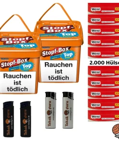 2x Fargo Stopf-Box à 420g Volumentabak, 2000 West Red Hülsen, Zubehör