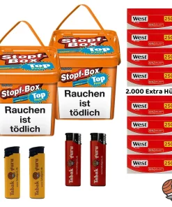 Alternative view of 2x Fargo Stopf-Box à 420g Volumentabak, 2000 West Extra Hülsen, Feuerzeuge