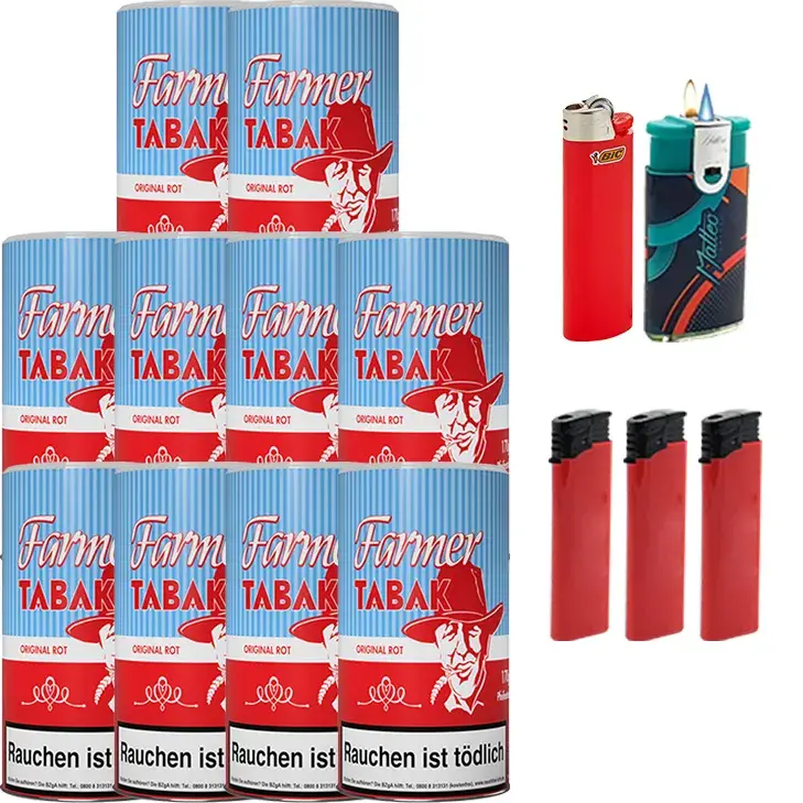 Farmer 10 x 160g Pfeifentabak Rot mit Feuerzeugen