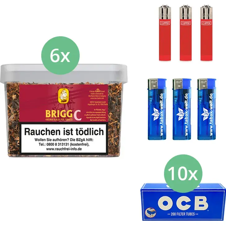 Brigg Pfeifentabak Cherry 6 x Eimer mit 2000 OCB Hülsen