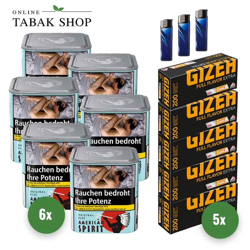 American Spirit Original Blau Tabak (6 x 80g) + 1.000 Gizeh Full Flavor Extra Hülsen + 3 Feuerzeuge – Bild 2