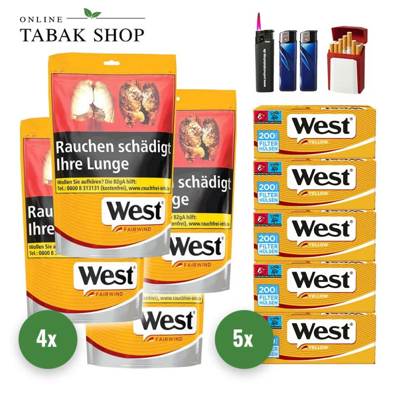 West Yellow Tabak (4 x 90g) + 1.000 West Yellow Hülsen + 2 Feuerzeuge + 1 Sturmfeuerzeug + 1 GIZEH Etui