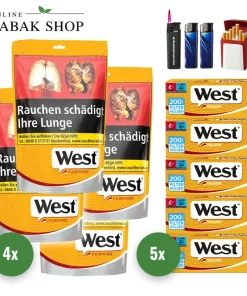 Alternative view of West Yellow Tabak (4 x 90g) + 1.000 West Yellow Hülsen + 2 Feuerzeuge + 1 Sturmfeuerzeug + 1 GIZEH Etui