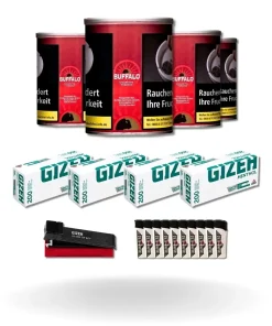 Bundle: Buffalo Red Halfzware Drehtabak (4x140g) + Gizeh Menthol Hülsen King Size (4×200 Stück) + Gizeh Stopfgerät + Feuerzeuge (10 Stück)